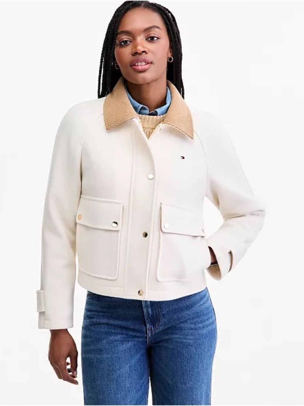 Tommy Hilfiger Women's Corduroy Collar Bomber Jacket Cream